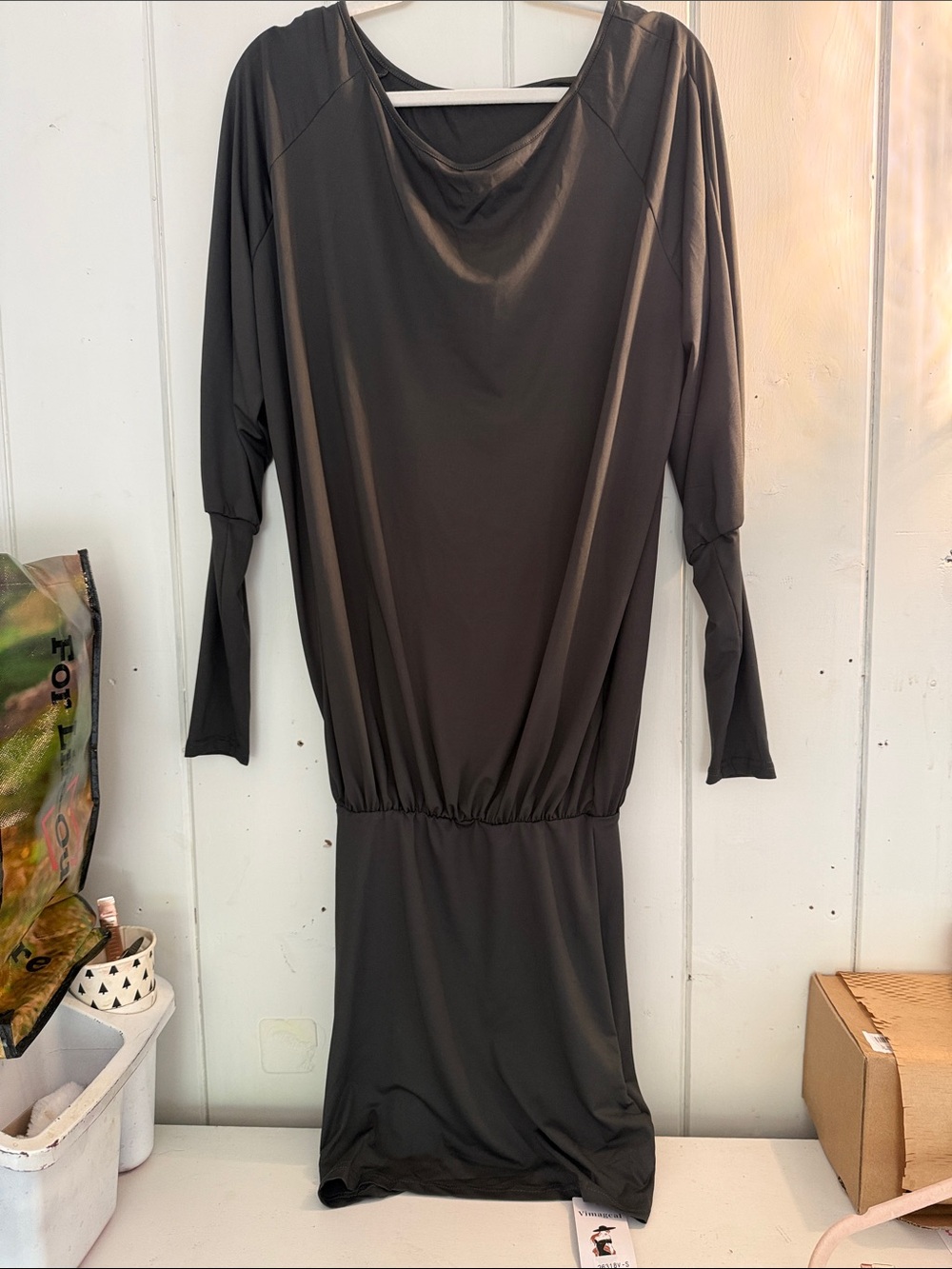 Long Sleeve Gathered-Waist Dress in Charcoal
